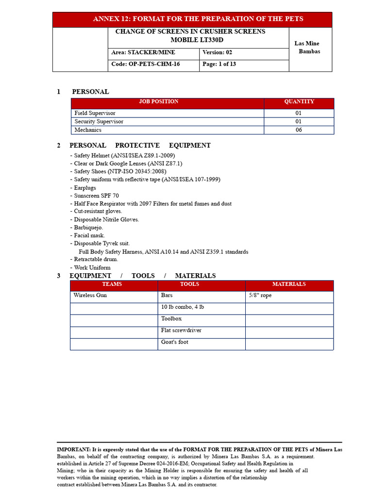 PETS Format for Crusher Screen Changes | PDF | Personal Protective ...