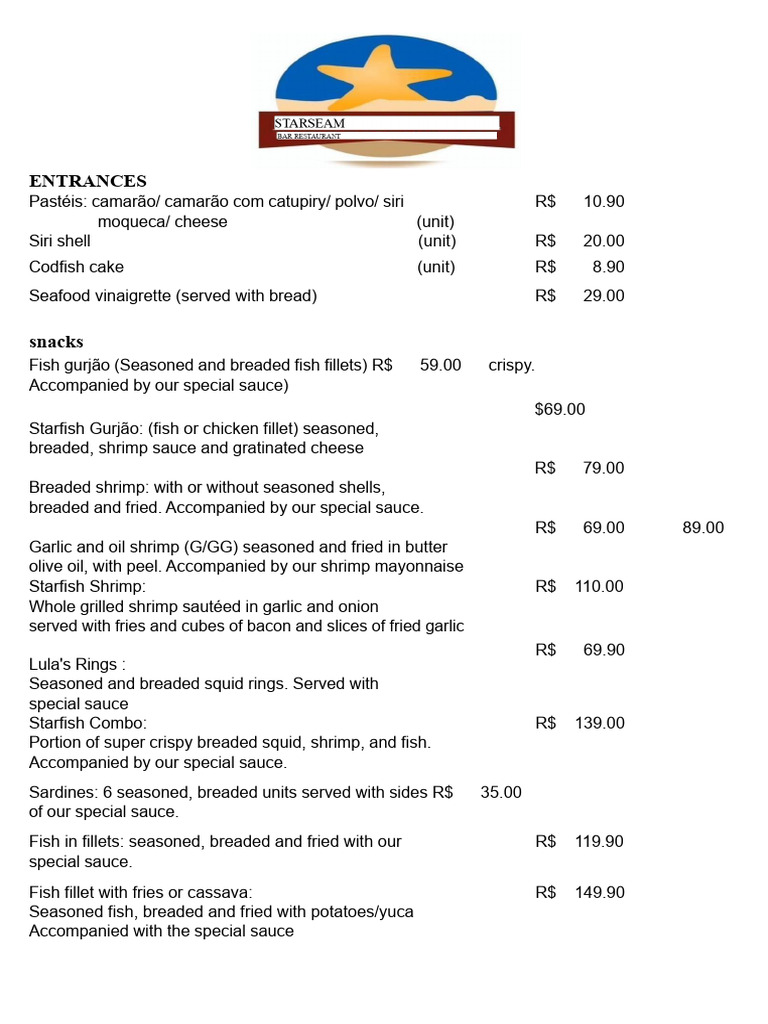 Starfish Restaurant Menu Overview | PDF | Drink | Cooking