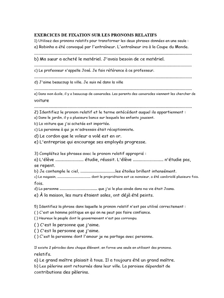 Exercices sur les pronoms relatifs | PDF | Mécanique du langage | Grammaire