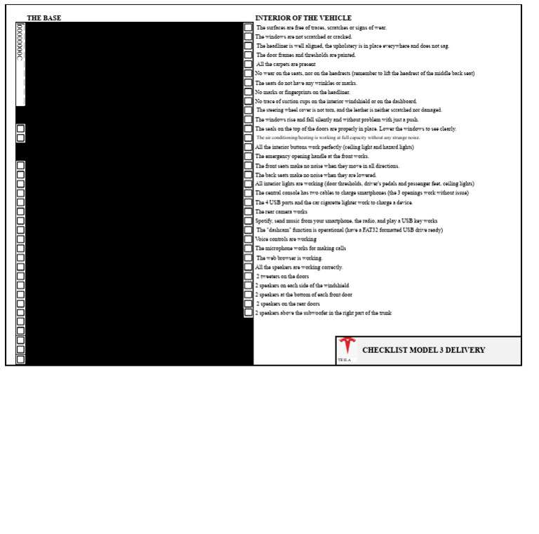 Tesla Model 3 Delivery Checklist | PDF | Trunk (Car) | Door