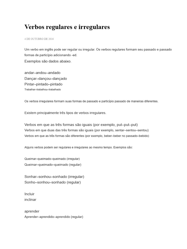 Verbos Regulares e Irregulares em Inglês | PDF | Famílias linguísticas ...