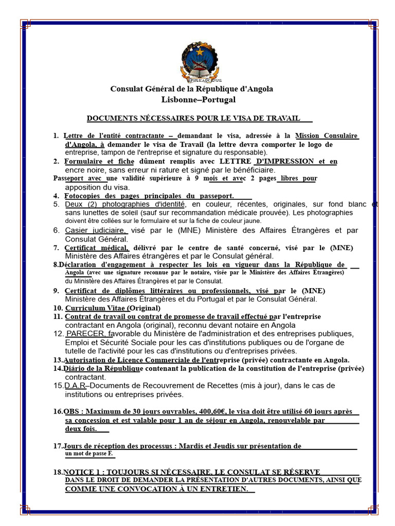 Visa de travail Angola : documents requis | PDF | Visa (Document ...