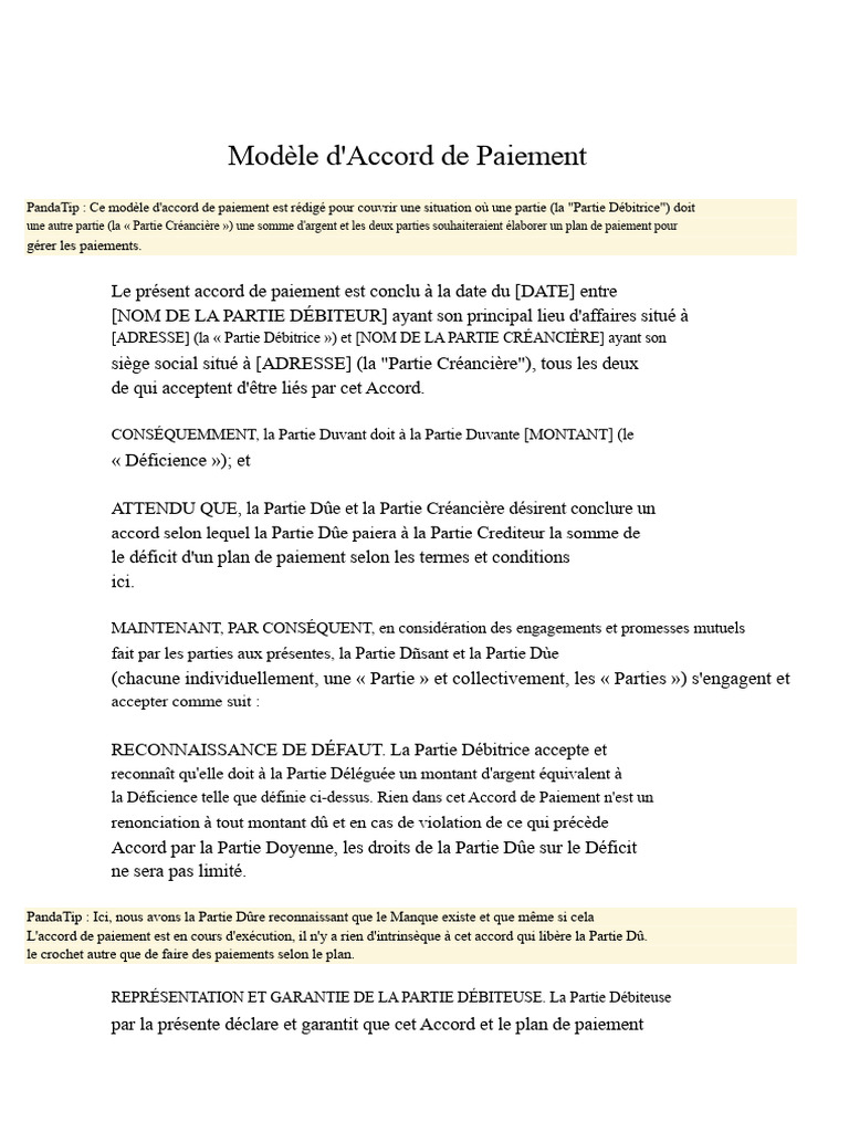 Modèle d'Accord de Paiement Simple | PDF | Débiteur | Justice