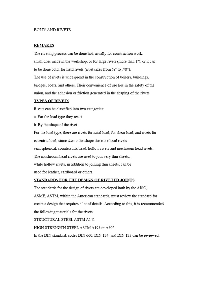 Rivets and Bolts: Design and Calculations | PDF | Screw | Rivet