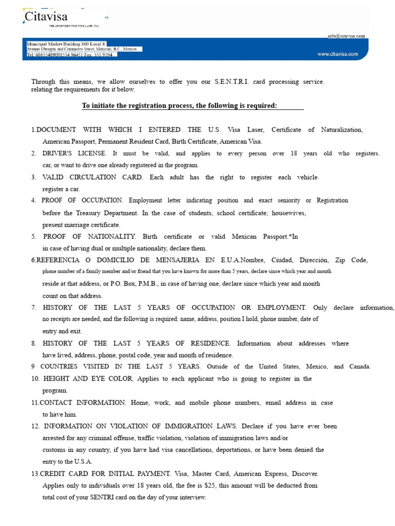 Sentri Card Info | PDF | Travel Visa | Birth Certificate