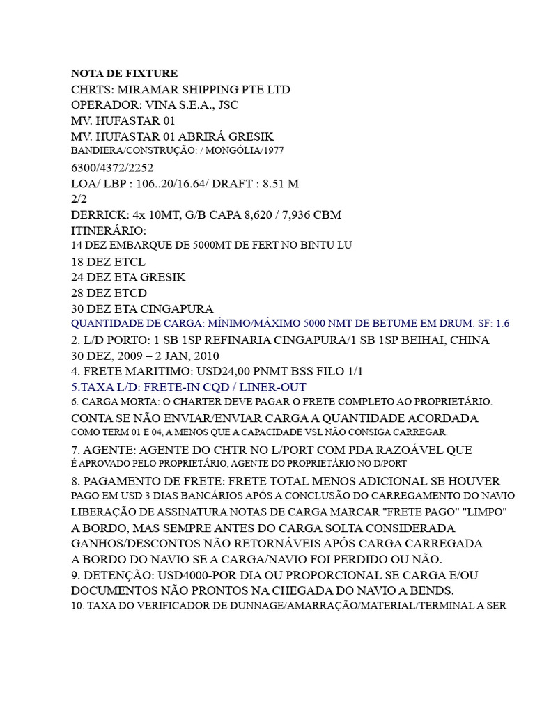 Fixture Note: Transporte Marítimo Betume | PDF | Tempo | Navios