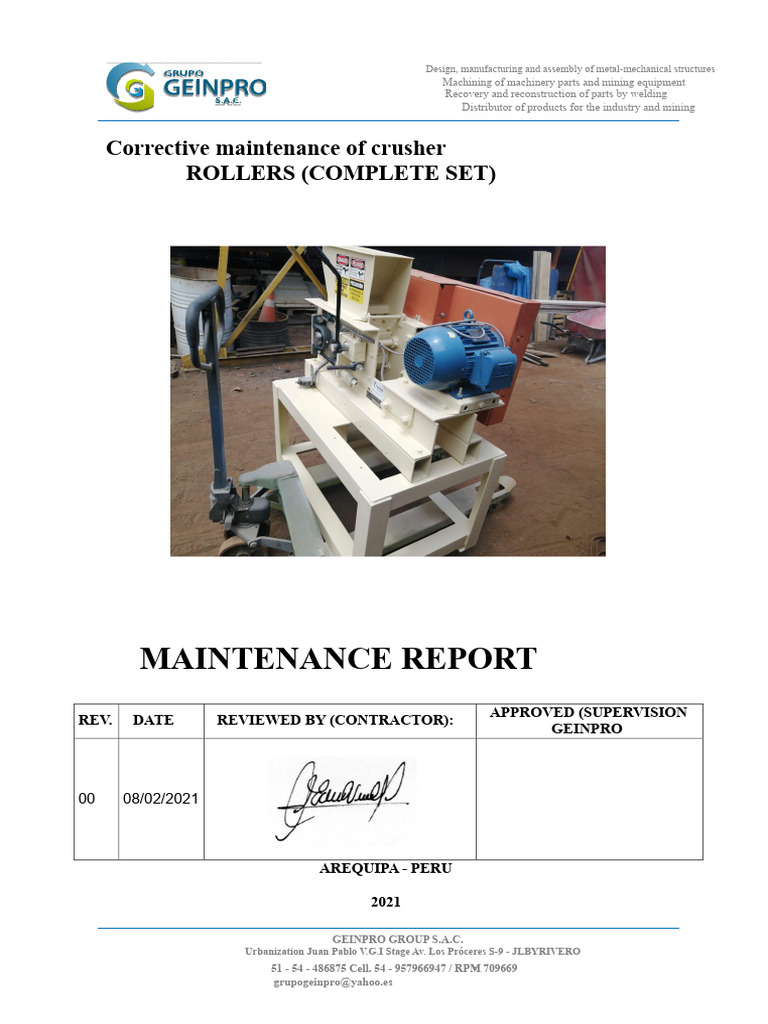Corrective Maintenance Report of Roller Crusher (Complete Equipment ...