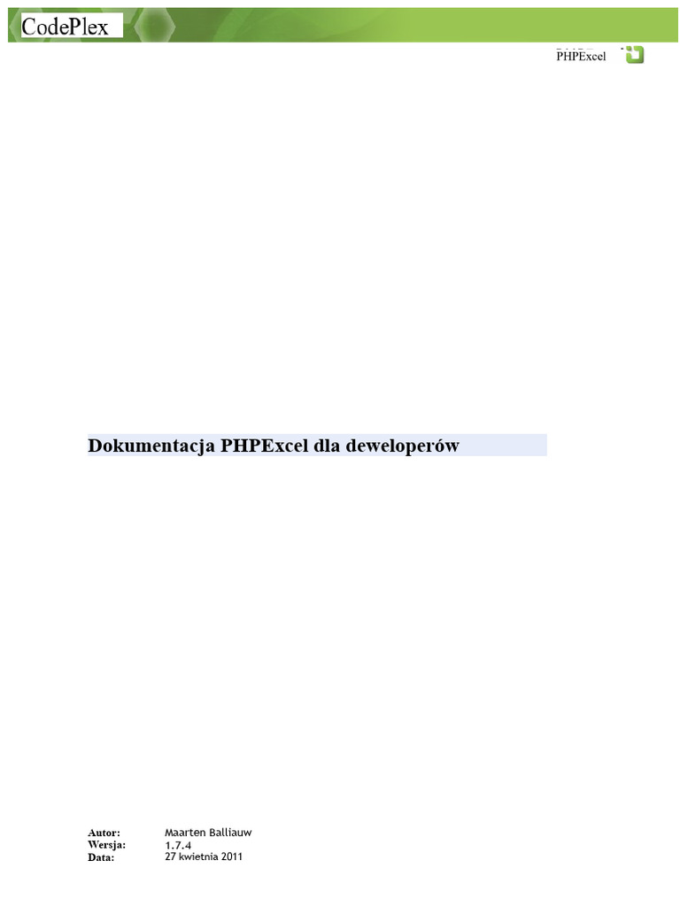 Dokumentacja Rozwoju PHPExcel | PDF