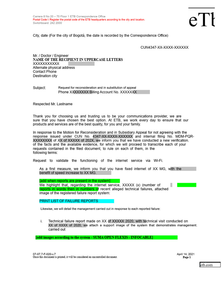 2021-07-01 - Model Letter Response Rra Internet Wi-Fi Failure | PDF ...