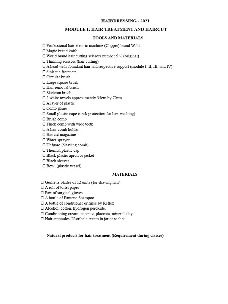 List of Materials and Tools For Hairdressing Module I and II | PDF