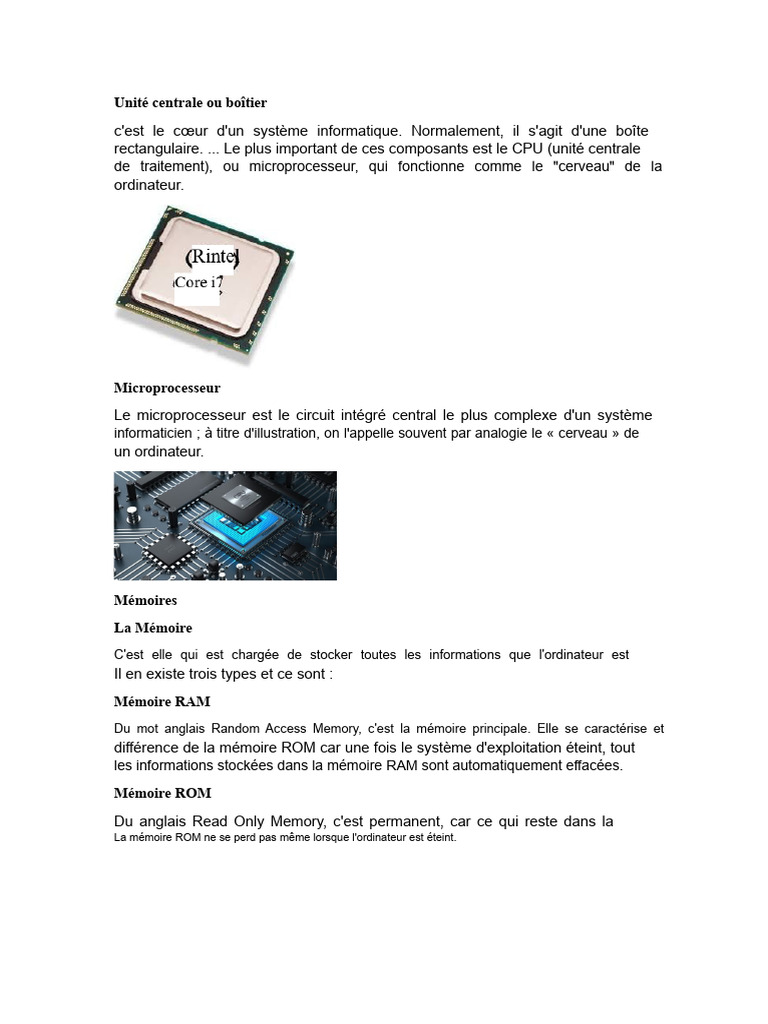 Composants essentiels d'un ordinateur | PDF | Mémoire (informatique ...
