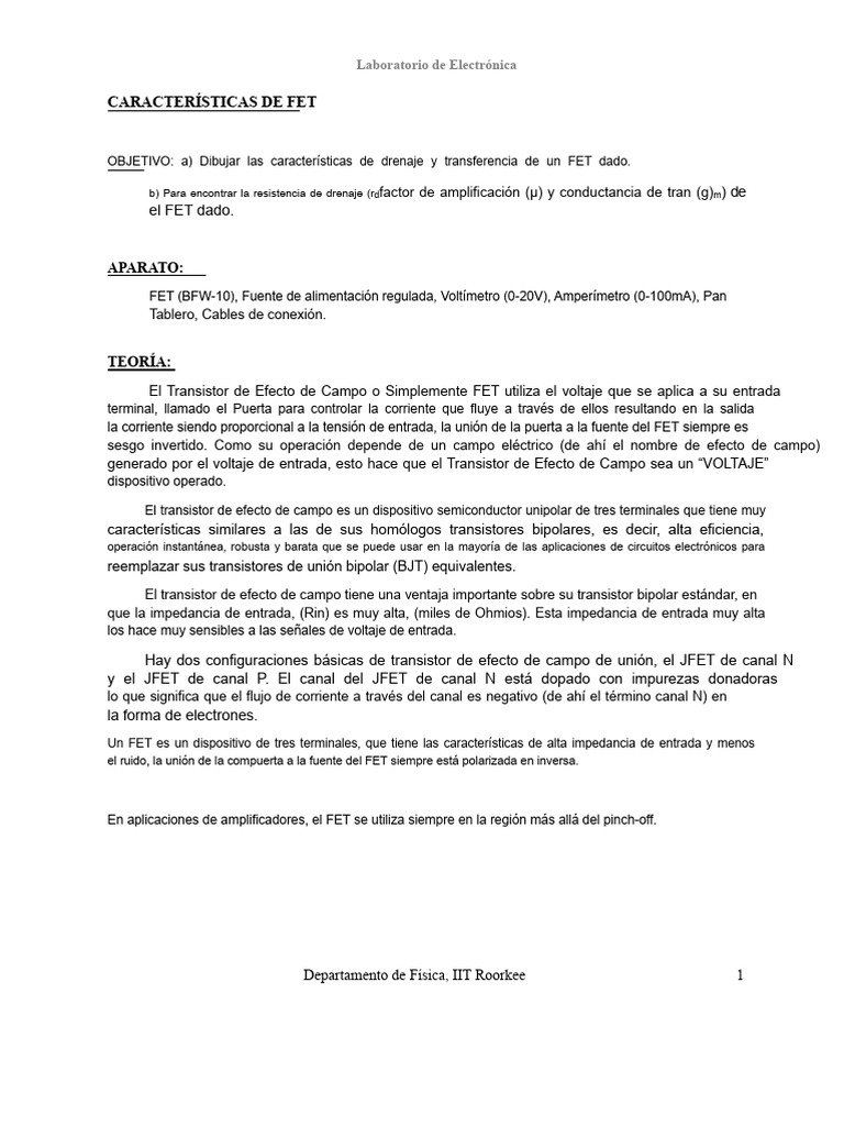 Dibuja Las Características de Entrada y Salida de Un JFET (BFW10) PDF ...
