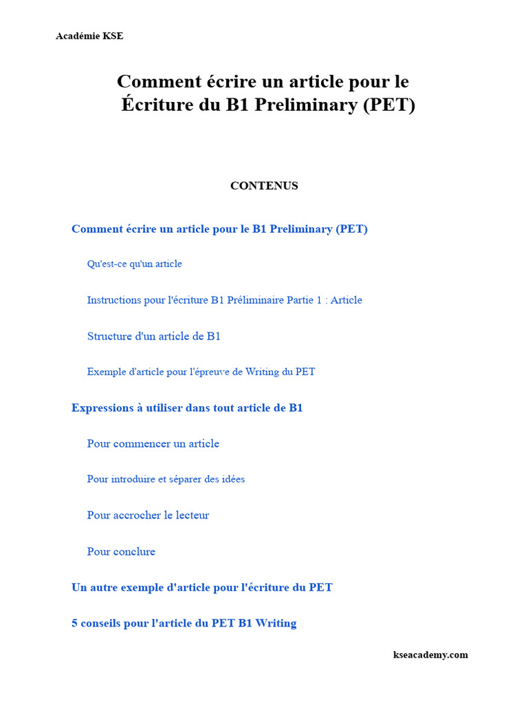 Comment Écrire Un Article Pour Le Writing Du B1 Preliminary (PET) | PDF