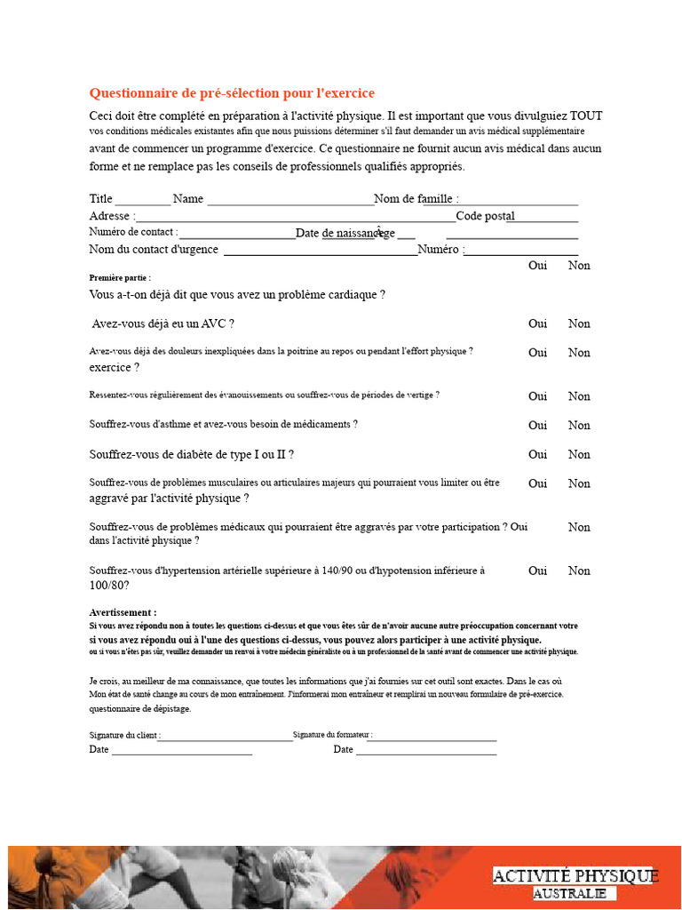 Questionnaire de pré-sélection d'exercice | PDF | Maladies et troubles ...