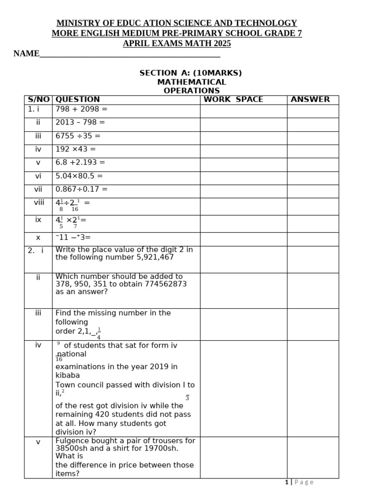 Grade 7 Math Exam April 2025 | PDF