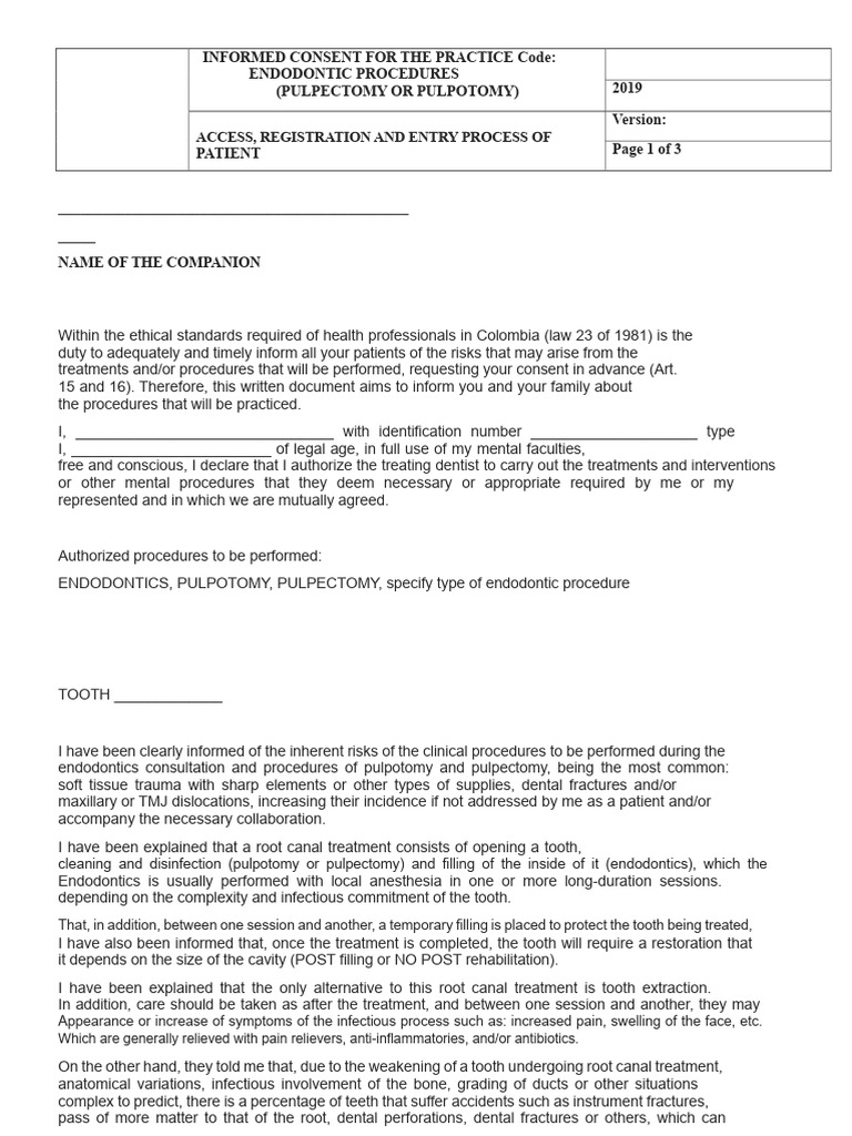 Informed Consent for Endodontic Procedures | PDF | Clinical Medicine ...