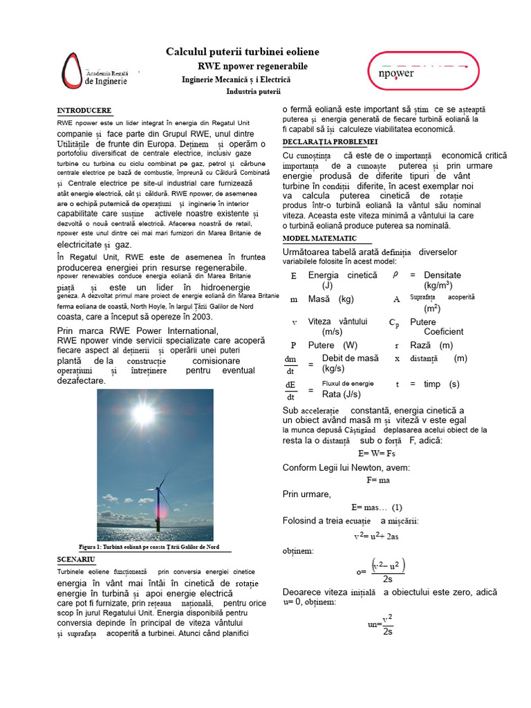 Calculul Puterii Turbinei Eoliene PDF | PDF