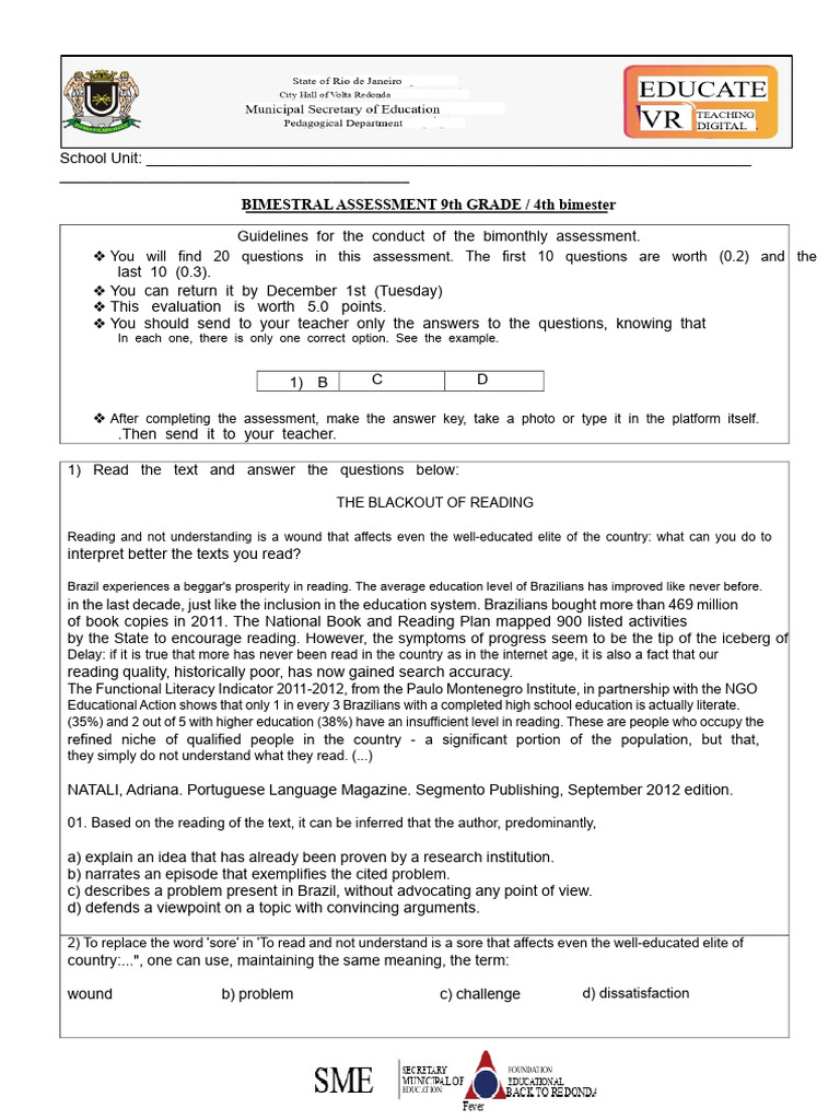 Bimonthly Evaluation 9th GRADE Final Exam | PDF | Literacy