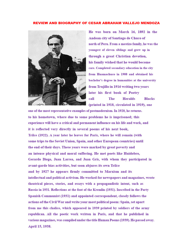 Review and Biography of Cesar Abraham Vallejo Mendoza | PDF | Writing