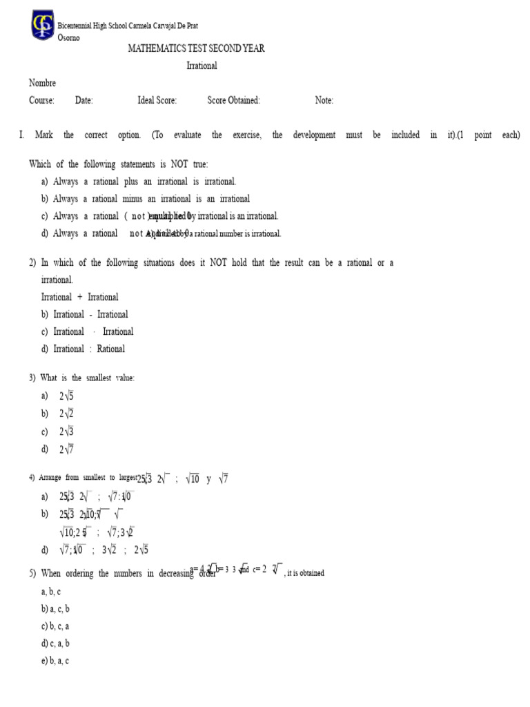 Mathematics Test: Irrational Numbers | PDF | Square Root | Numbers