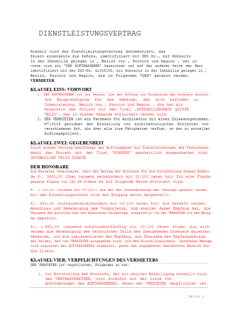 Mustervertrag Für Dienstleistungsverträge | PDF