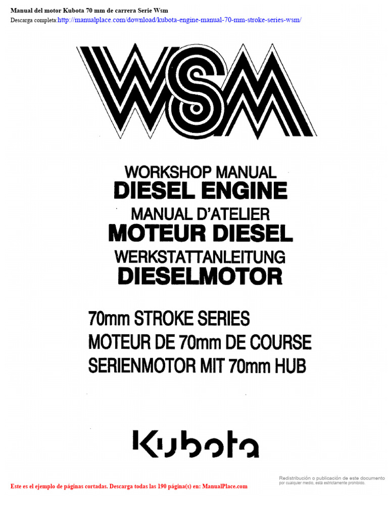 Manual Del Motor Kubota Serie de 70 MM de Carrera WSM | PDF