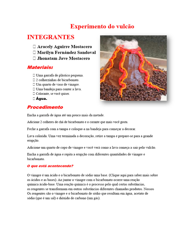 Experimento de Vulcão com Bicarbonato e Vinagre | PDF