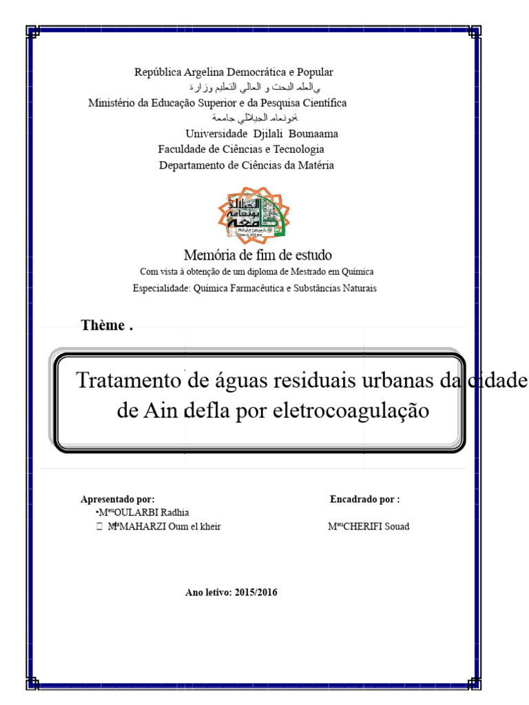 Tratamento de Águas Residuais Urbanas de Ain Defla por Eletrocoagulação ...