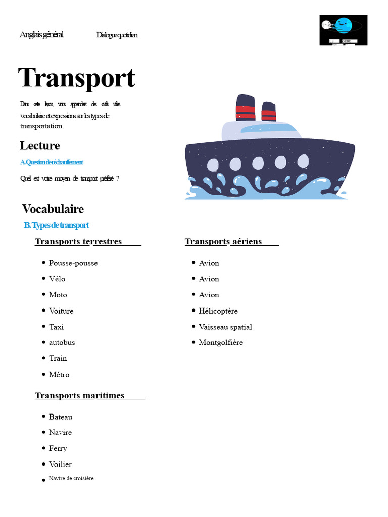 Vocabulaire des moyens de transport | PDF | Transport | Autobus