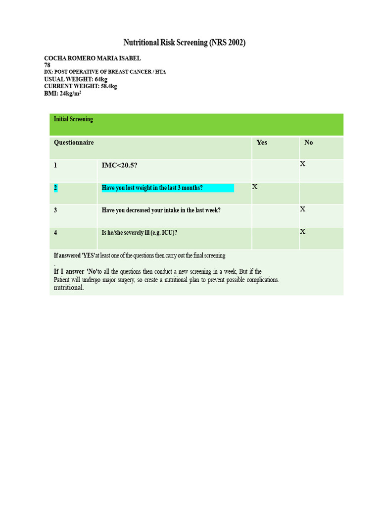 NRS 2002 Nutritional Risk Assessment | PDF | Malnutrition | Weight Loss
