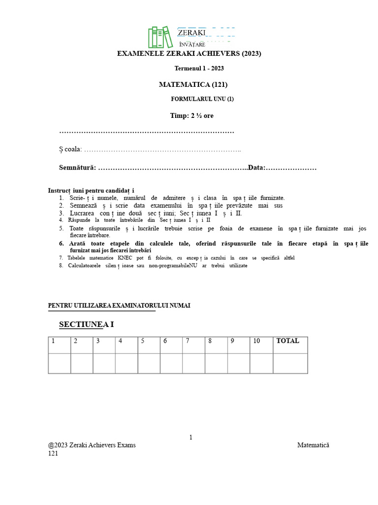 Matematica Clasa 1 - Pachet de Întrebări | PDF