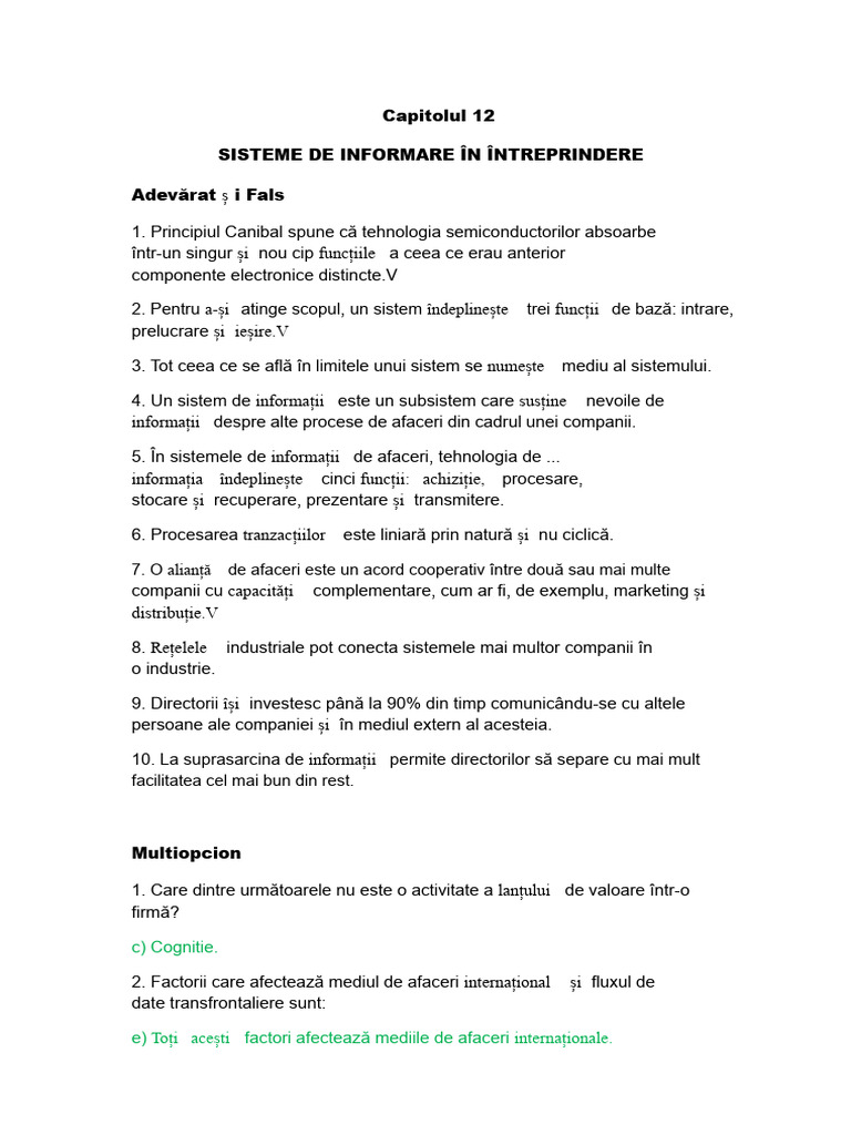 Capitolul 12 Sisteme de Informare În Întreprindere Adevărat I Fals | PDF