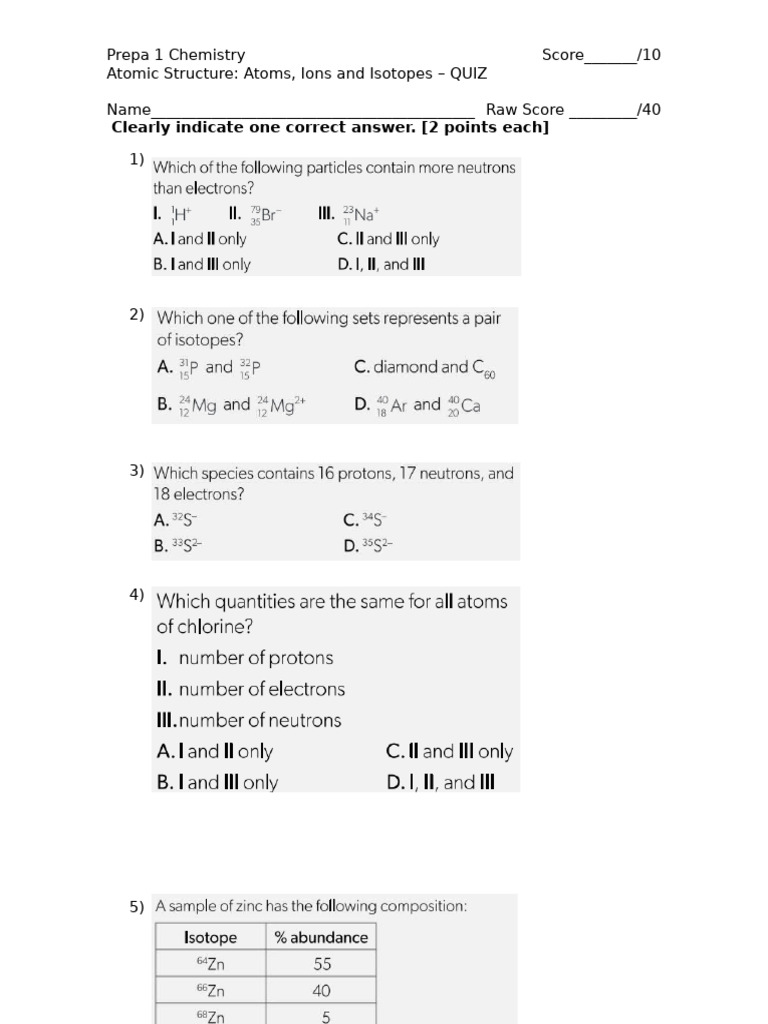 Atomic Structure Quiz for Prepa 1 | PDF
