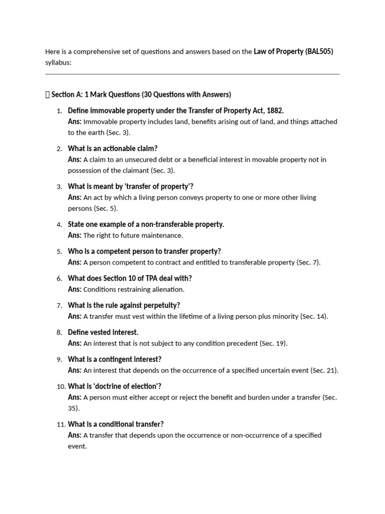 Law of Property Question Bank | PDF | Mortgage Law | Environmental Law