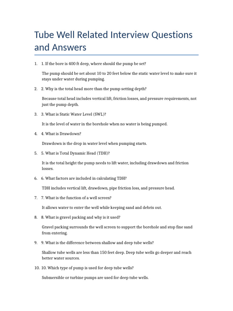 Tube Well Interview Questions | PDF | Pump | Chemical Engineering