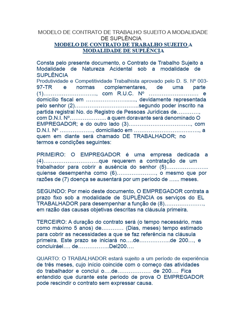 Modelo de Contrato de Trabalho Sujeto A Modalidade de Suplência | PDF ...