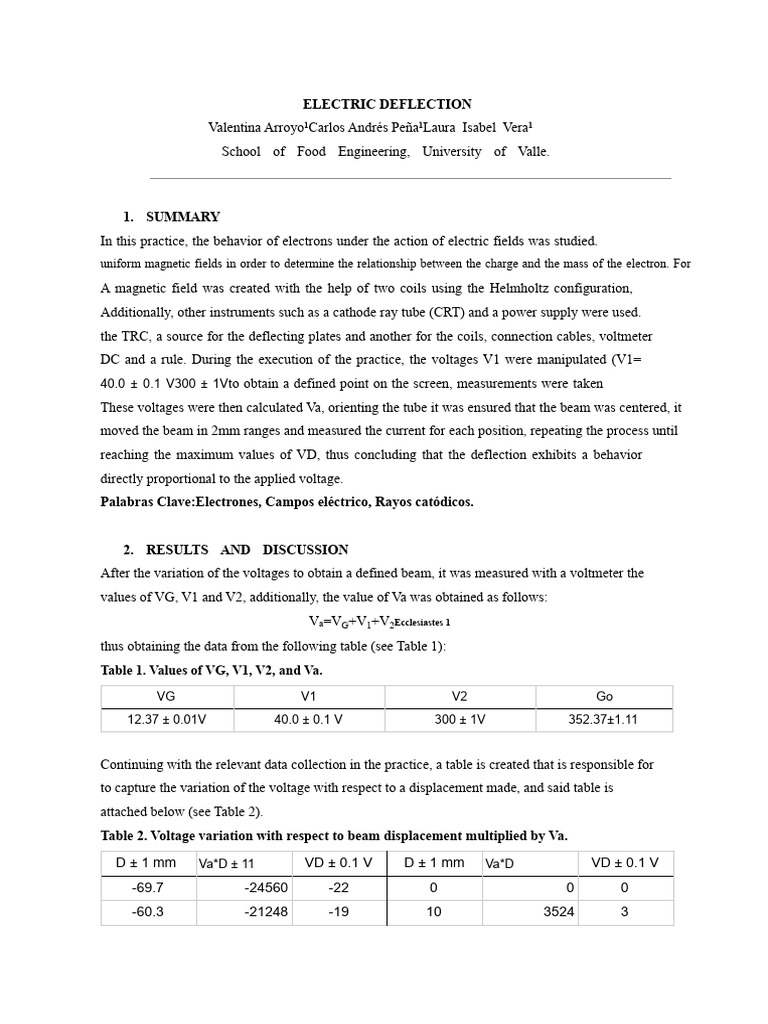 Electric Deflection of Electrons Experiment | PDF | Electron | Voltage