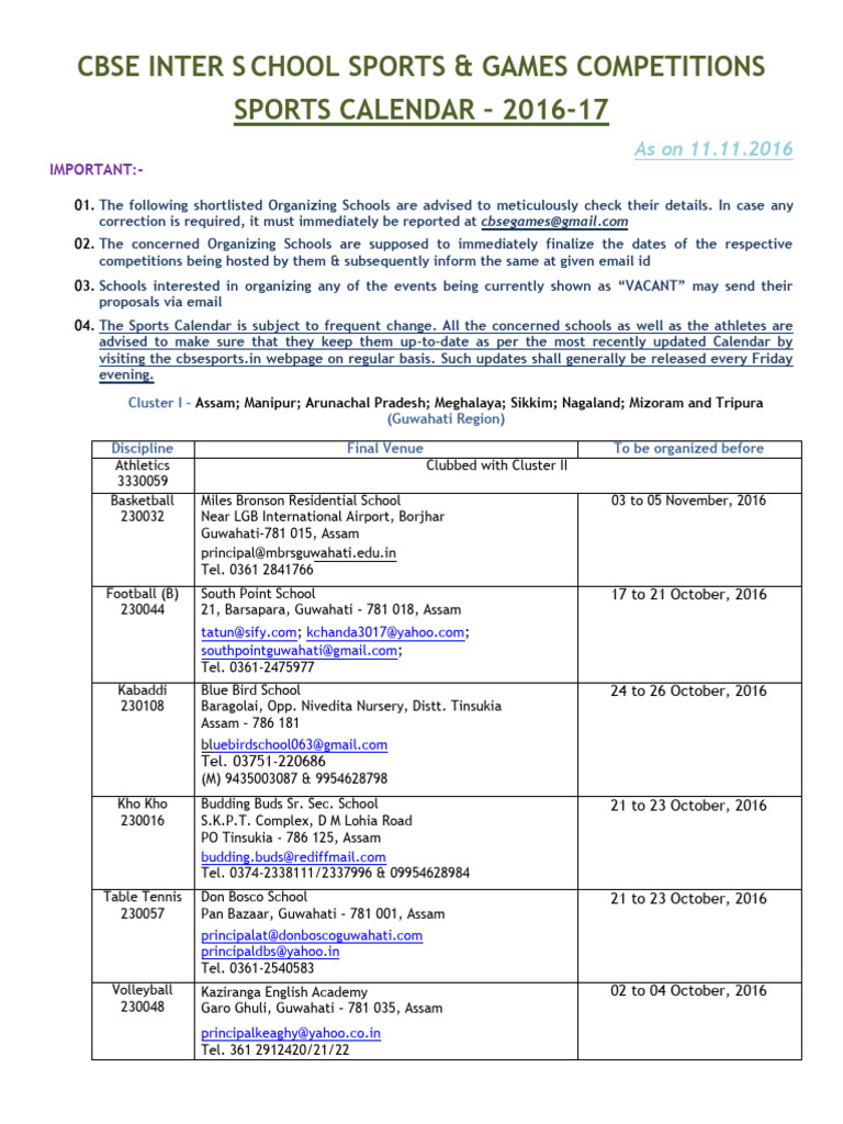 CBSE Sports Calendar 2016-17 | PDF | Punjab