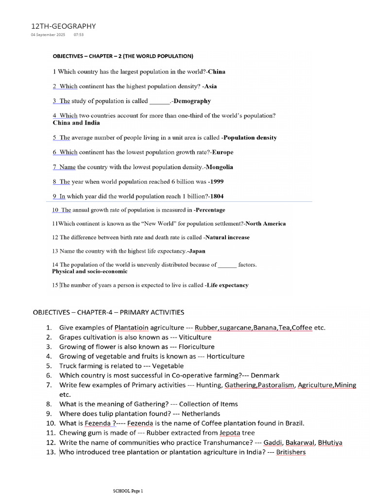 Geography Objectives Chapter 2,4&5 | PDF
