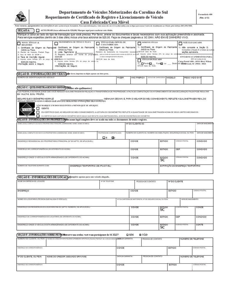 Formulário 400 do DMV da Carolina do Sul | PDF | Propriedade privada ...