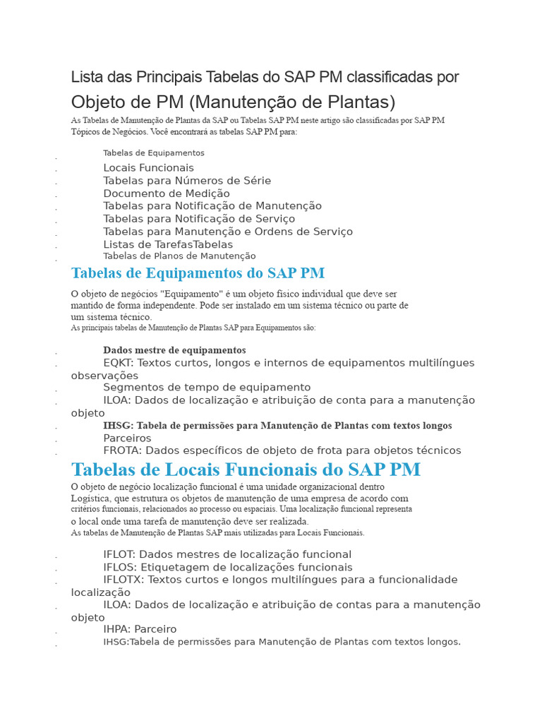 Tabelas SAP PM para Manutenção de Plantas | PDF | Medição | Dados
