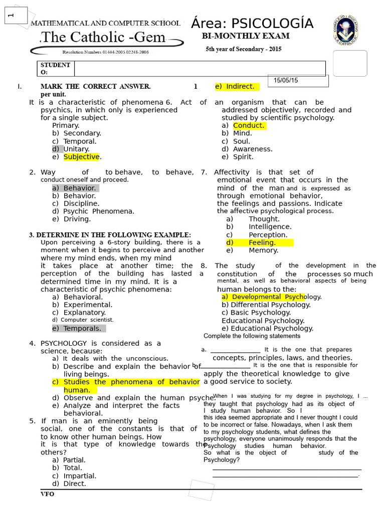 2015 Bi-Monthly Psychology Exam | PDF | Psychology | Mind