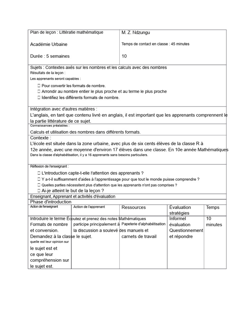 Plan de leçon sur la littératie mathématique | PDF | Décimal | Littératie