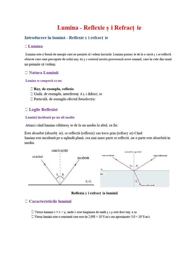 Note Despre Reflexia Și Refracția Luminii | PDF