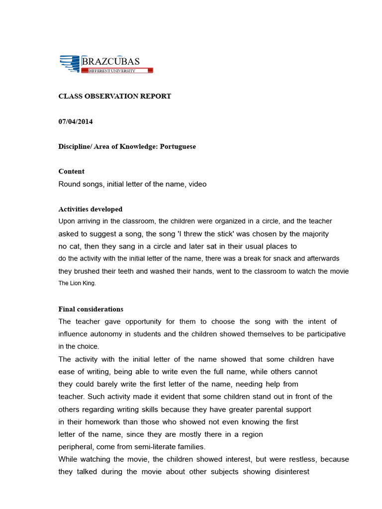 Class Observation Report Emei | PDF | Teachers | Classroom