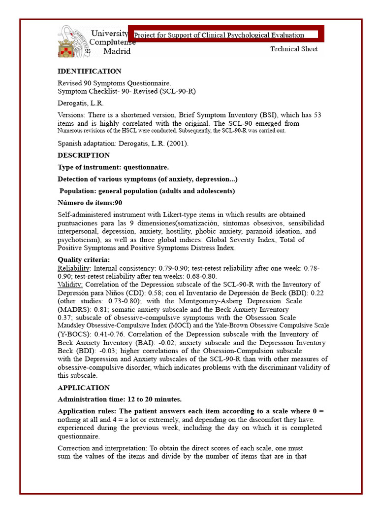SCL-90-R: 90 Symptoms Questionnaire Guide | PDF | Obsessive–Compulsive ...