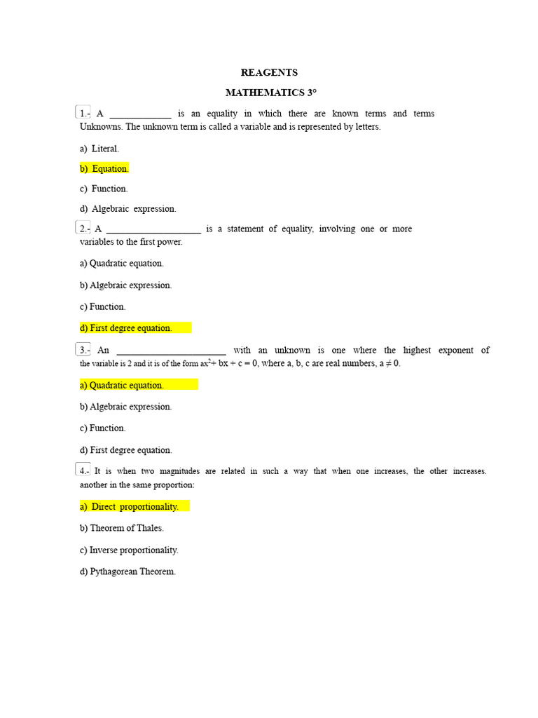 Answers To Third Grade Math Questions | PDF | Equations | Algebra