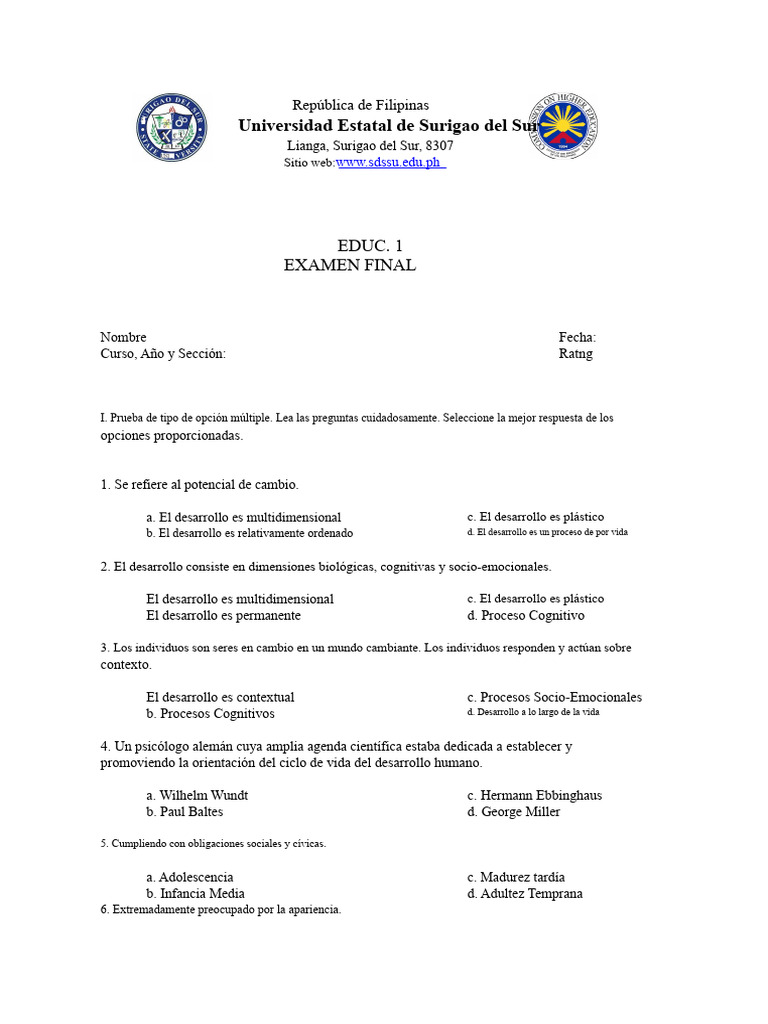 Examen Final sobre Desarrollo Humano | PDF | Adultos | Cognición