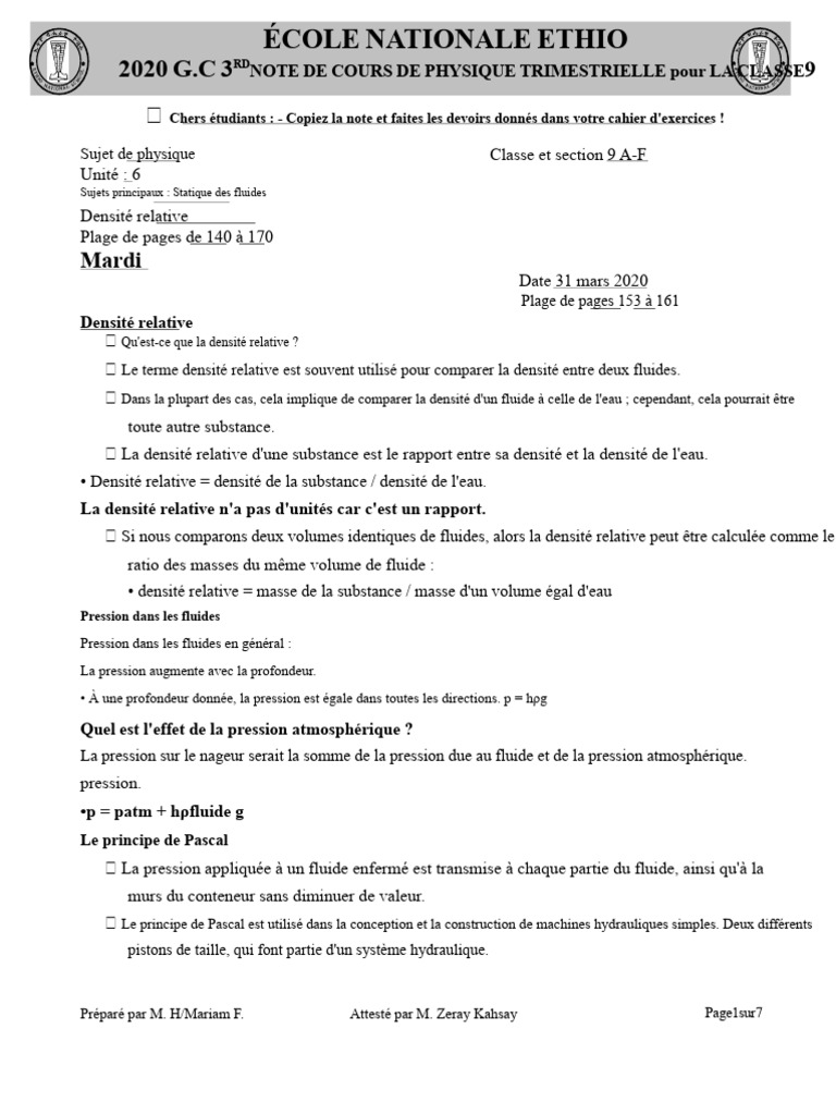 Physique de 9e Année - Note de Cours | PDF | Pression | mesure de pression