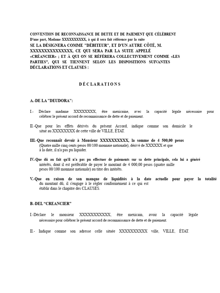 Convention de Reconnaissance de Dette | PDF | Dettes | Débiteur